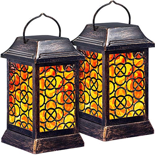 TomCare Solar Lights Metal Solar Lantern Flickering Flame Outdoor Hanging Lanterns Lighting Heavy Duty Waterproof Solar Powered LED Flame Umbrella Lights for Garden Patio Pathway Deck Yard, 2 Pack