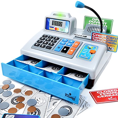 Ben Franklin Toys Talking Toy Cash Register - STEM Learning 69 Piece Pretend Store with 3 Languages, Paging Microphone, Credit Card, Bank Card, Play Money and Banking for Kids, Silver