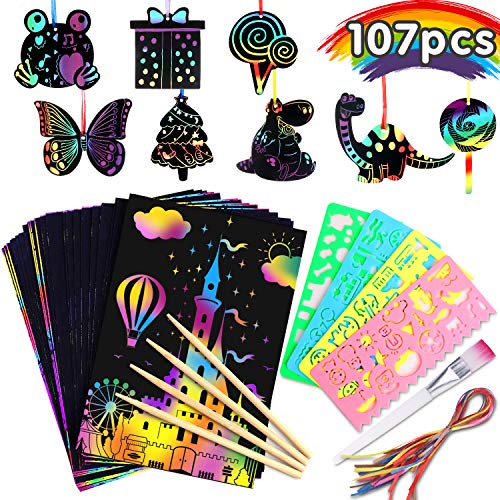 Riarmo Scratch Art Paper Set for Kids, 107 Pcs Rainbow Magic Scratch Off Paper Art Craft for Boys & Girls, Fun Imagination Trigger Game for Children’s Summer Vacation, Birthday, and Party Gift