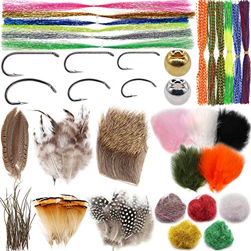 XFISHMAN Beginners-Fly-Tying-Materials Kit for Fly Tieing Starter Fly Tying Hooks Brass Beads Heads Feathers Deer Hair Hackle Marabou