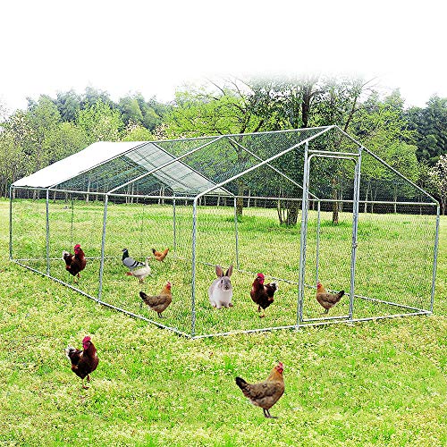 Outdoor Large Metal Chicken Coop for 10 to 30 Chickens Run, Walk-in Poultry Cage/Pen or Duck House with Shade tarp and Waterproof Cover for Backyard, Farm. Poultry Habitat Supplies