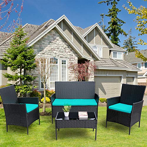 Viewee 4 Pieces Patio Furniture Sets Rattan Wicker Patio Set with 2 Cushioned Chairs | 2 Blue Cushion | 1 Glass Top Patio | 1 Double SofaTable（Outdoor and Indoor）