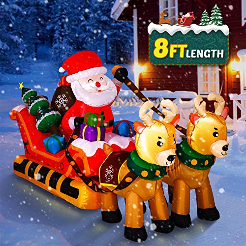 YUNLIGHTS Christmas Inflatables, 8FT Christmas Inflatable Santa Claus on Sleigh with Two Reindeers & Gift, LED Lights Blow up Christmas Decoration for Outdoor Indoor Yard Lawn Holiday