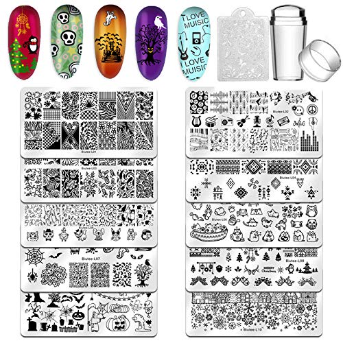 Biutee Nail Stamping Plates 10pcs Templates with Stamper Nail Art Plates Set Animal Flower Christmas Halloween Design