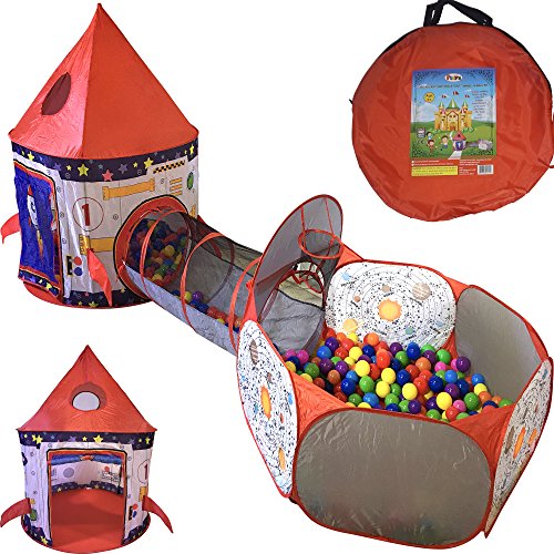 Playz 3pc Rocket Ship Astronaut Kids Play Tent, Tunnel, & Ball Pit with Basketball Hoop Toys for Boys, Girls, Babies, and Toddlers - STEM Inspired Educational Galactic Spaceship Design w/ Planets