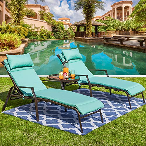 LOKATSE HOME 3 Pieces Outdoor Patio Chaise Lounges Chairs Set Adjustable with Folding Table, Light Blue Cushions