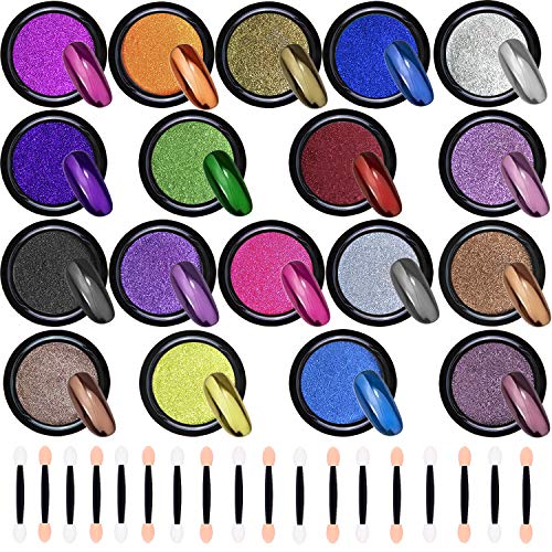 Duufin 18 Jars Nail Powders Metallic Chrome Nail Powder Mirror Effect Manicure Pigment Nail Art Powders with 18 Pcs Eyeshadow Sticks, 1g/Jar