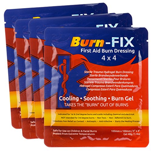 Burn-FIX- 4 Pack-Burn Gel Dressing 4' X 4' Burn Care-First Aid Treatment. Immediate Pain Relief Burn Cream- Hydrogel For 1st, 2nd Degree Burns, Chemical, Razor and Sunburns. For Home, Work, Fire, EMS.