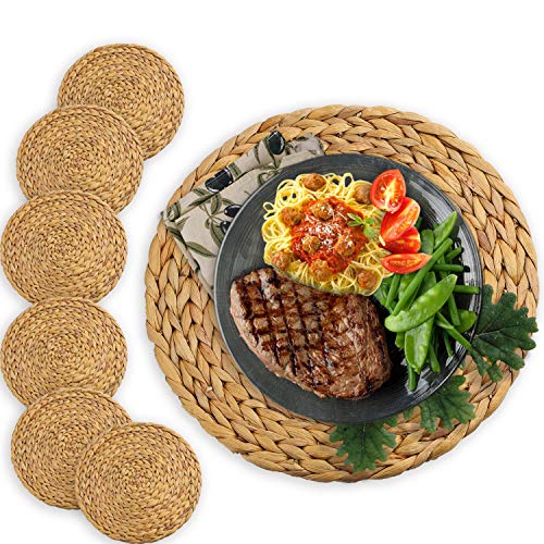 primebabe 6 Pack Woven Placemats, Round Water Hyacinth Weave Placemat Braided Rattan Tablemats 11.8”
