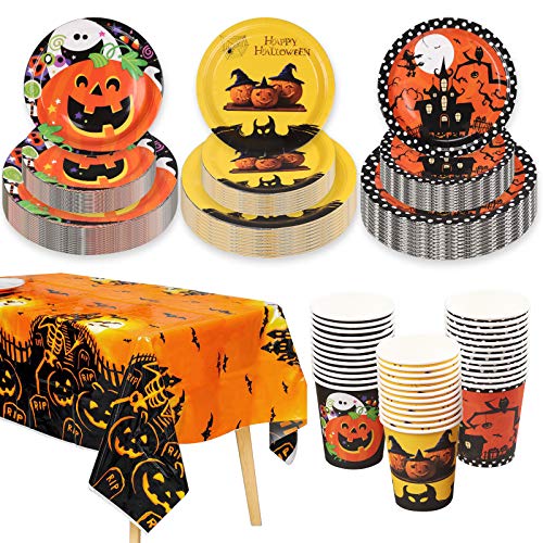Kederwa 108pcs Halloween Party Tableware, Halloween Paper Plates and Cups with Halloween Party Tablecloth for Happy Halloween Party Supplies
