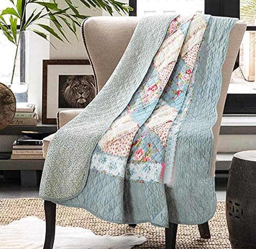 Cozyholy Original Design Coverlets Quilted Blanket 100% Cotton Bed Cover Throw Quilt for Twin Bed, Shallow Sea