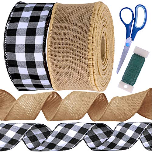 24 Yards Black and White Buffalo Plaid Check Wired Ribbon Gingham Ribbon and Nature Jute Burlap Wired Fabric Ribbon Gift Wrapping Bow Craft Ribbon 2.5' W for Rustic Wedding Holiday Party Decor