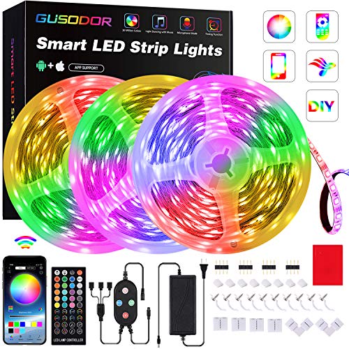 50FT LED Strip Lights , GUSODOR Smart RGB LEDs Light Rope Lights Music Sync DIY Colors Changing Timing with 40-Key Remote + Controller for Bedroom Home TV Party Christmas - Smart APP Controlled
