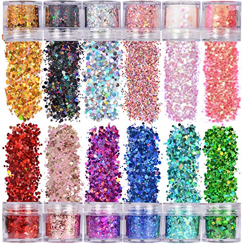 Warmfits Holographic Chunky Glitter 12 Colors Total 120g Face Body Eye Hair Nail Festival Chunky Holographic Glitter Different Size, Stars and Hexagons Shaped (Set A)