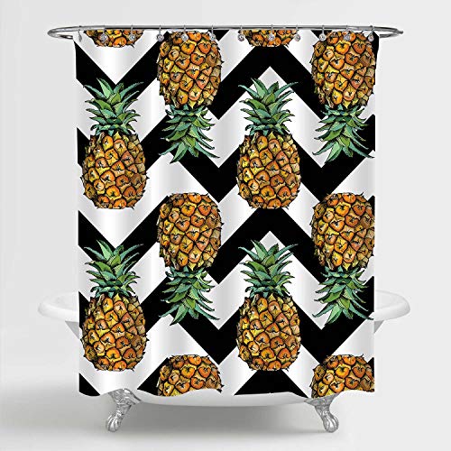 MitoVilla Pineapple with Chevron Pattern Shower Curtain for Pineapple Bathroom Decor, Tropical Fruit with Black and White Striped Bathroom Accessories, Pineapple Gifts for Men, Women and Kids, 72 x 78