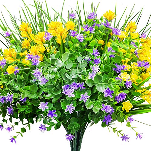 CEWOR 9pcs Artificial Flowers Outdoor UV Resistant Shrubs Plants for Hanging Planter Home Wedding Porch Window Decor（Yellow, Purple, Green）