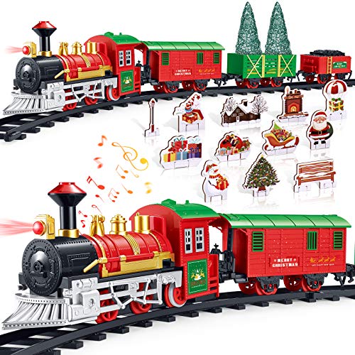 iBaseToy Train Set for Kids, Electric Battery Operated Train Toy with Light & Sound for Christmas, Toy Train Set with 4 Cars, 10 Tracks & 2 Xmas Trees, Gift for 3 4 5 6 Year Old Boys Girls Toddlers