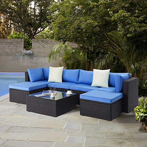 LEMBERI 7 Pieces Outdoor Furniture Patio Conversation Sets, All Weather Wicker Sectional Sofa Couch Lawn Sectional Furniture with Washable Couch Cushions and Glass Table(Dark Blue/Black)