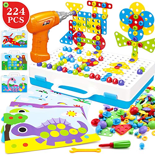 ZMZS Electric Drill Puzzle Peg Board Take Apart Toy Button Art Toy Mosaic Pegboard,3D Construction Building Blocks Playset ,STEM Toys for 3 4 5 6 7 Year olds Kids boy Gifts 224 Pcs