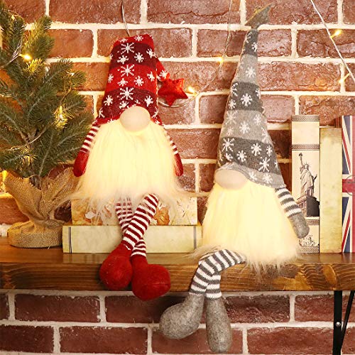 EDLDECCO Christmas Gnome with Light Timer 27 Inches Set of 2 Knitted Hat Nisse Figurine Plush Swedish Nordic Tomte Scandinavian Elf X'Mas Holiday Party Home Decor Ornaments (Red & Grey)