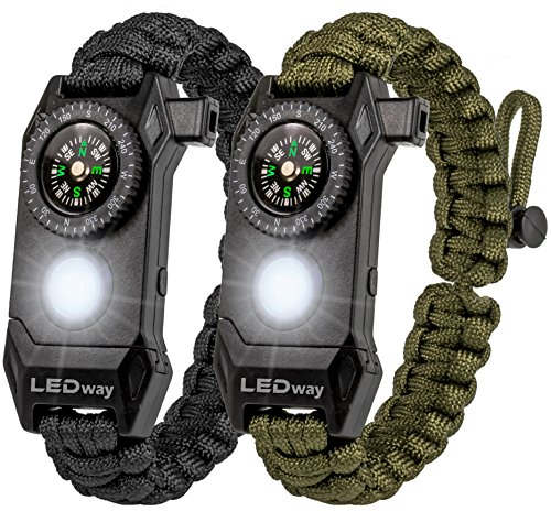 A2S Protection LEDway Paracord Bracelet Survival Gear Kit - with Embedded Compass LED Light Fire Starter Emergency Knife & Whistle (Black/Green Adjustable Size)