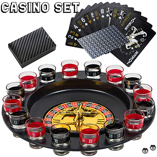 Shot Glass Roulette Drinking Game and Poker Playing Cards Set - Spinning Wheel, 2 Balls and 16 Shot Glasses - Casino Adult Party Games