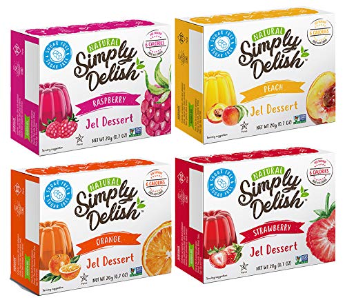 Simply Delish Sugar-Free Gluten-Free Natural Jel Dessert 4 Flavor Variety Bundle, (1) Each: Raspberry, Peach, Strawberry, and Orange (.7 Ounces)