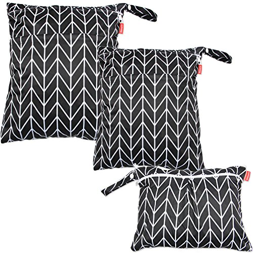 Damero 3pcs Travel Wet and Dry Bag with Handle for Cloth Diaper, Pumping Parts, Clothes, Swimsuit and More, Easy to Grab and Go, Black Arrows