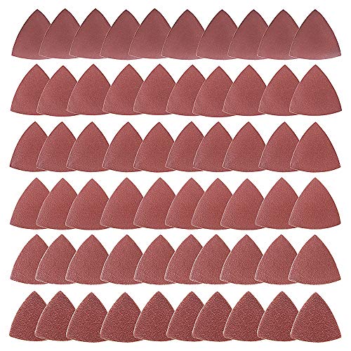 60pcs Triangular Hook & Loop Triangle Sandpaper, Fit 3-1/8 Inch Oscillating Multi Tool Sanding Pad, Assorted 40 60 80 100 120 240 Grits