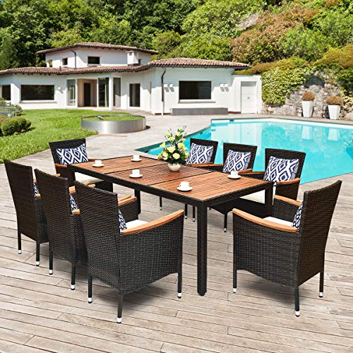 Tangkula 9 Piece Outdoor Dining Set, Garden Patio Wicker Set w/Cushions, Patio Wicker Furniture Set with Acacia Wood Table and Stackable Armrest Chairs