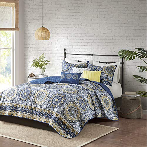 Madison Park Quilt Classic Damask Medallion Design All Season, Breathable Coverlet Bedspread, Lightweight Bedding Set, Shams, Decorative Pillow, King/Cal King(104'x94'), Tangiers, Blue, 6 Piece