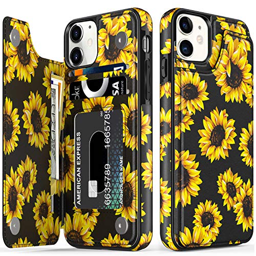 LETO iPhone 11 Case,Leather Wallet Case with Fashion Floral Flower Designs for Girls Women,with Kickstand Card Slots Cover,Protective Phone Case for Apple iPhone 11 6.1' Blooming Sunflowers