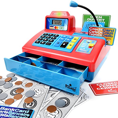 Ben Franklin Toys Talking Toy Cash Register - store learning play set with 3 languages, paging microphone, credit card, bank card and play money