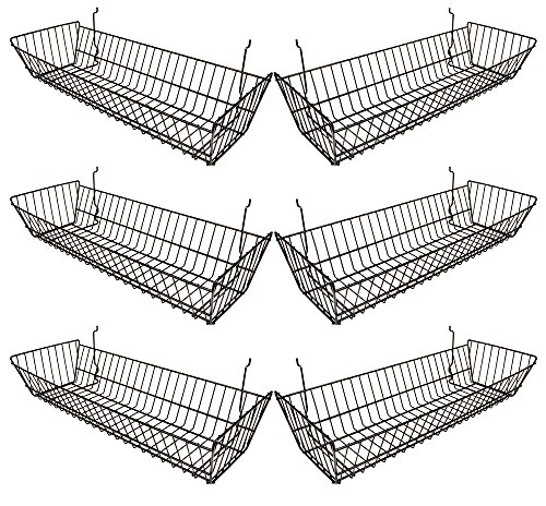 Econoco - Black Multi-fit Double Sloping Wire Basket for Slatwall, Pegboard or Gridwall (Set of 6) Vinyl Coated Wire Basket, Black