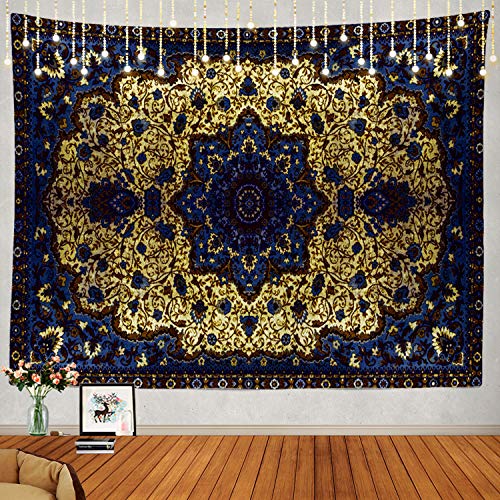 Shrahala Round Mandala Blue Grey Tapestry, Persian Moroccan Middle Eastern Flower Wall Hanging Large Tapestry Psychedelic Tapestry Bedroom Living Room Dorm(39.4 x 59.1 Inches, Blue 5)