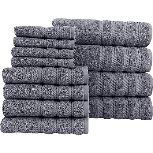 Classic Turkish Towels 12 Pieces Towel Set - Soft Premium Heavy Duty and Fast Drying Towels Made with 100% Turkish Cotton (Grey, 12 Piece Set)
