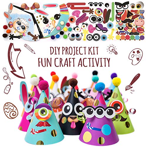 Fun Cone Hats Making Activity Kit – DIY Art & Craft Project Set w/ 12 Colorful Hats, Pompoms and Stickers. Enjoyable Indoor Family Time at Home. Party Celebration Kit for Kids Birthday, Spring Break, Easter, Christmas, Fiesta, Thanksgiving and New Year. Great as Handmade Decoration and Gifts, Group Activities, Game Supplies for Crafty Boys & Girls