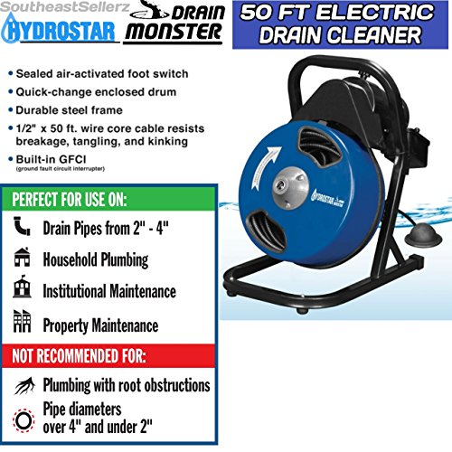 1/2 inch by 50 feet Compact Electric Drain Cleaner Drum Auger Snake (1' to 4' pipes) with Built-in GFCI and many Accessories