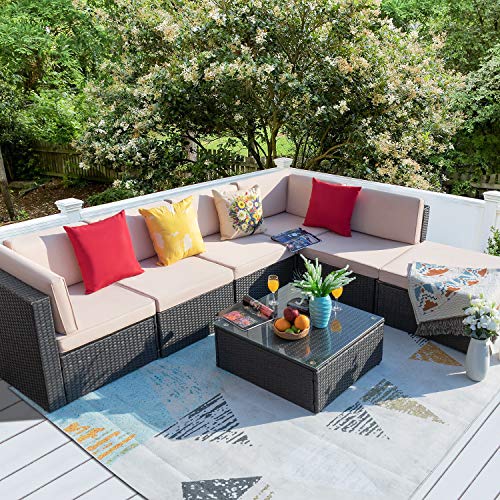 Homall 7 Pieces Patio Outdoor Furniture Sofa Set, All Weather PE Rattan Wicker Sectional Sets Modern Modular Couch Outside Conversation Set with Thick Cushions and Glass Coffee Table (Brown)
