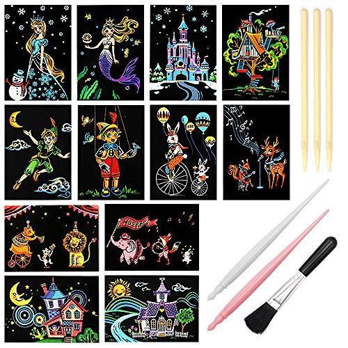 Scratch Art Paper, Rainbow Night View Scratchboard Pads for Adults and Kids, Mini Envelope Postcard Art & Crafts Set: 12 Sheets Scratch Cards & Scratch Drawing Pen, Clean Brush 7.9'x5.5' (Dreamtopia)