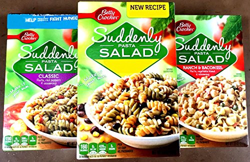 Betty Crocker, Suddenly Pasta Salad, SUMMER Variety 6-Pack + BONUS Pack of Plastic Silver Utensils. 2 boxes each of: CAESER, CLASSIC, RANCH & BACON.