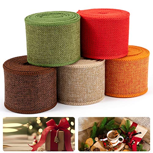 5pcs Burlap Ribbon Rolls- 27 Yards 2.4'' Wide Natural Burlap Weave Ribbon for Autumn Harvest Fall Wreath Decoration Rustic Gift Wrapping Floral Bows Christmas Trims Craft