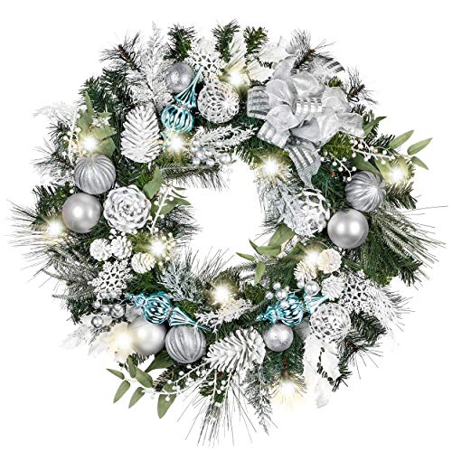 Valery Madelyn Pre-Lit 30 inch Frozen Winter Silver White Christmas Wreaths for Front Door with Lights Ball Ornaments Snowflake, Battery Operated 40 LED Lights Wreath for Outdoor Home Window Fireplace