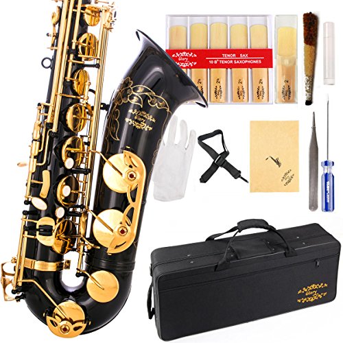 Glory Black/Gold B Flat Tenor Saxophone with Case,10pc Reeds,Mouth Piece,Screw Driver,Nipper. A pair of gloves, Soft Cleaning Cloth.
