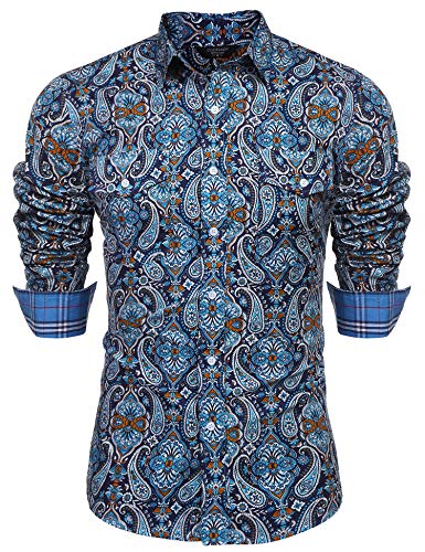 COOFANDY Men's Floral Dress Shirt Slim Fit Casual Paisley Printed Shirt Long Sleeve Button Down Shirts (Blue, X-Large)