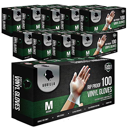 Gorilla Supply 1000 Vinyl Gloves M Case Powder Free(100 of 10) Latex Free Extra Strong Food, Medium