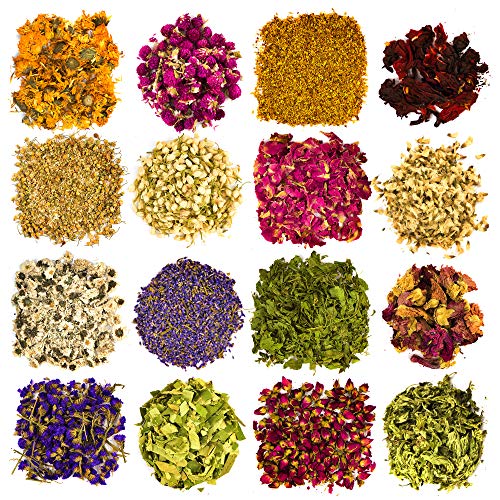 Dried Flowers and Herbs Accessories Decorations -16 Bags Set Dry Flowers Essential Supplies Rose Buds Lavender Chamomile Jasmine Scents for Flower Arrangements Crafts Bath Candle Soap Lip Gloss Making