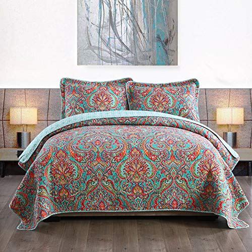 NEWLAKE Cotton Bedspread Quilt Sets-Reversible Patchwork Coverlet Set, European Gorgeous Floral Pattern, Queen Size