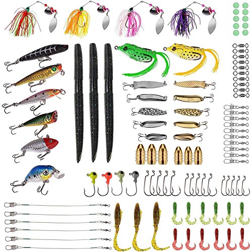 PLUSINNO Fishing Lures Baits Tackle including Crankbaits, Spinnerbaits, Plastic worms, Jigs, Topwater Lures , Tackle Box and More Fishing Gear Lures Kit Set, 102Pcs Fishing Lure Tackle