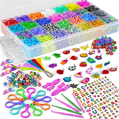 Loom Bands – HUGE Premium Rubber Band Bracelet Refill Kit - 11000 Vibrant Rainbow Color Bands, 600 S-Clips, 200 Beads, 30 Charms, 52 ABC Beads, 10 Backpack Hook, 5 Crochet, Tassel, Hair Clip – 2Y Loom